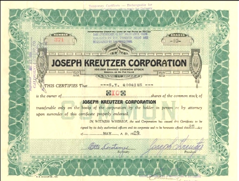 Kreutzer Stock Certificate