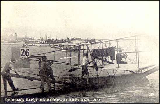 1911 photo postcard of a Curtiss Hydro-Airplane, Prairie du Chien WI